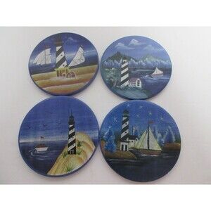 Set of 4 Lighthouse Theme Coasters in Ceramic Holder Beach House Ocean